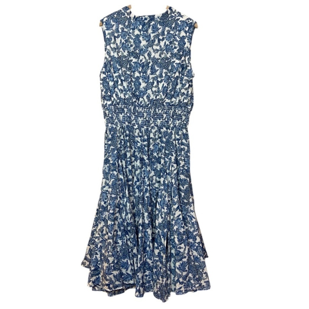 Elegant sleeveless button front v neck Blue Floral Midi Dress